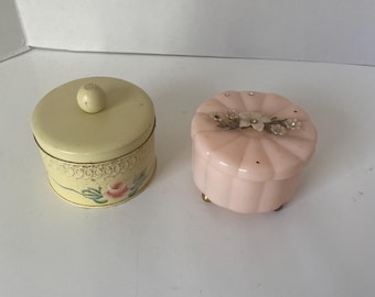 Choice of Vintage Soft Butter Yellow Toleware Powder Tin with Lid or Menda Pale Pink Plastic ribbed container w/Rhinestones and Powder Puff