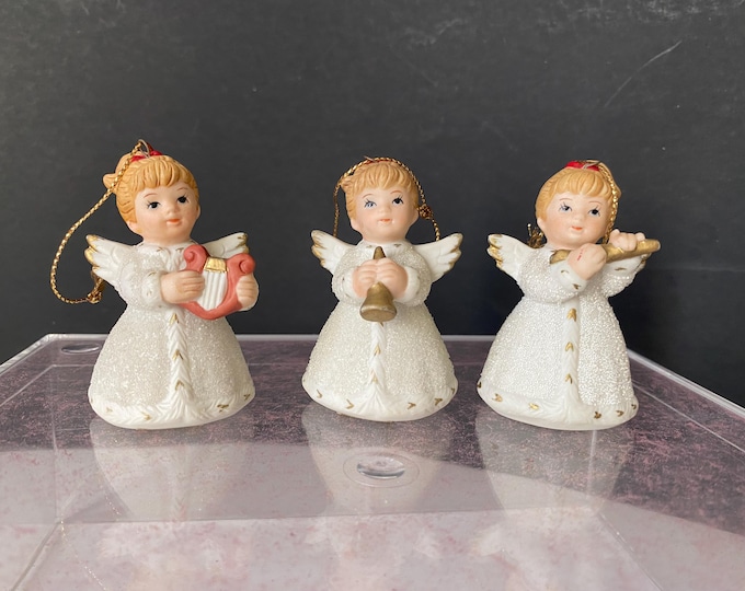 Set of 3 Homco  2 1/2" Tall Vintage Ceramic Sugared Angels Ornaments Playing Musical Instruments - #5414