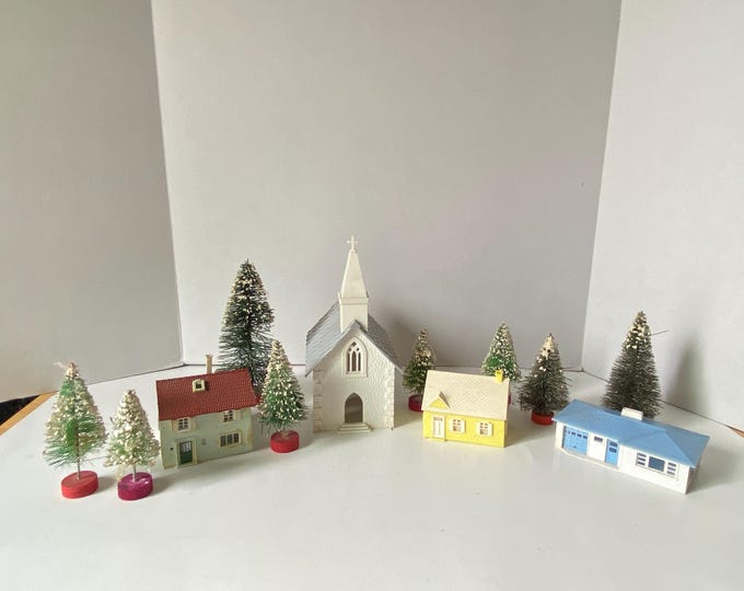 12 Piece Set of 1950s Plasticville Church, 3 Houses and 8 bottlebrush trees with Snow