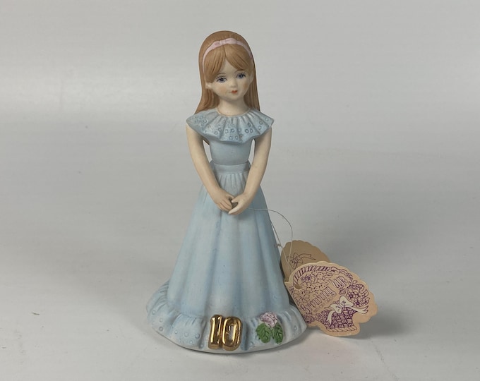1980s 10 Year Old Brunette Birthday Girls by Enesco ceramic bisque "Growing Up Birthday Girls"  Figurine with Original Tag & Birthday Poem