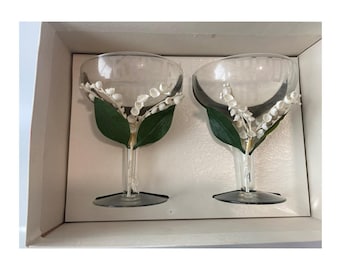 Vintage Etched Bride and Groom Champagne Glasses with original box