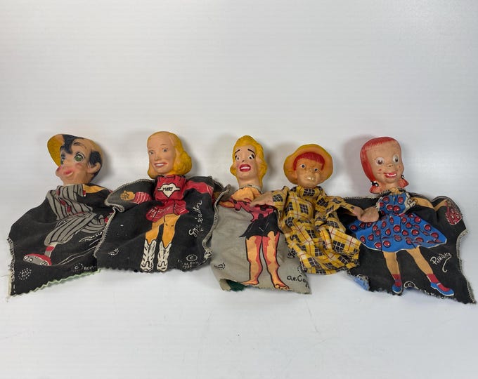 Choice of 1950s Hand Puppets Molded Rubber Heads and Cloth Fabric bodies-Rootie Kazootie, Mary Hartline,  Daisy Mae, Boy w/Hat, Polka Dottie