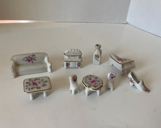 Set of 9 Vintage Porcelain Ceramic Dollhouse Furniture/Trinket Boxes includes sofa, grand piano hutch & table chairs, milk bottle/vase, shoe