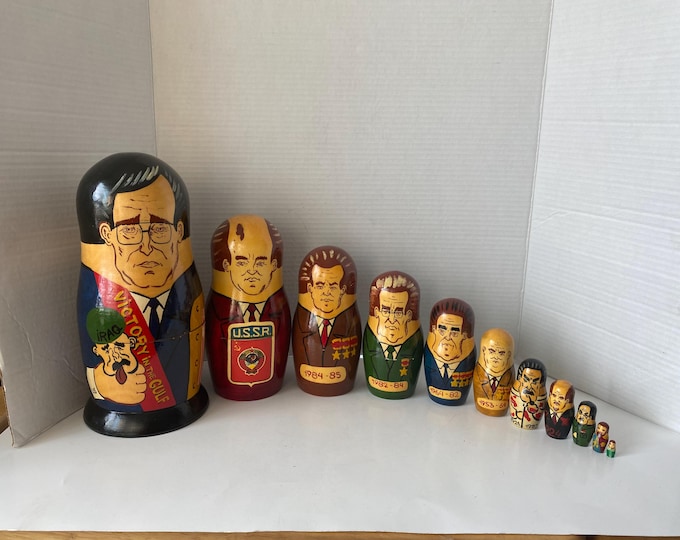 Matryoshka 11 Piece Vintage Set of  Wooden Russian Leaders from late 1800s through 1985 and George H W Bush Winning Iraq War in 1991