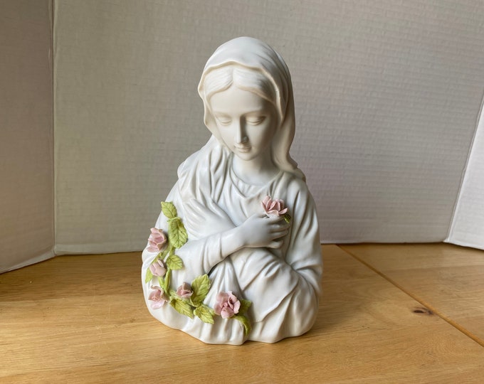 Portugal Madonna 8" tall White Bisque with Pink Roses and Green leaves by Ceramica Creativa 9472