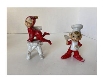 Choice of Rare Vintage Ceramic Pixie Elf on Chair in whimsy pose with Spaghetti Hair or Chef Elf with Plate from Japan Christmas Elf Pixie