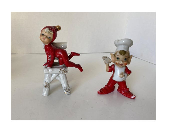 Choice of Rare Vintage Ceramic Pixie Elf on Chair in whimsy pose with Spaghetti Hair or Chef Elf with Plate from Japan Christmas Elf Pixie