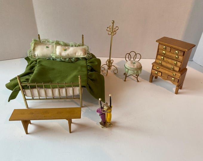 Vintage 10 Piece Dollhouse 1:12 scale Brass and Wood Bedroom set including 1 Brass Bed with bedding, High Boy Chest and other Accessories