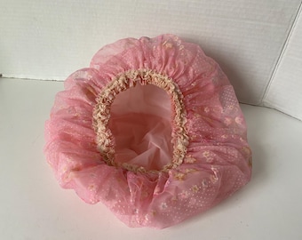 Vintage Pink Sheer Chiffon & Lace Bouffant Style Bath and Shower cap with Vinyl lining
