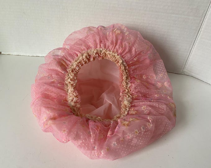 Vintage Pink Sheer Chiffon & Lace Bouffant Style Bath and Shower cap with Vinyl lining