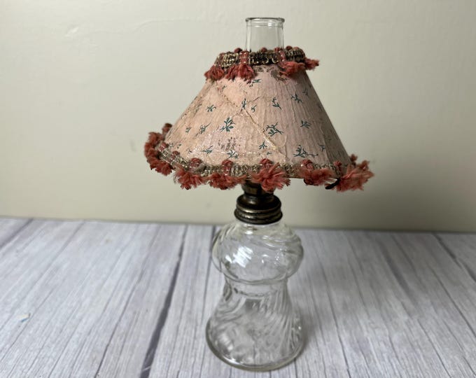 Vintage Small swirl Glass Oil Lamp with pink paper and ribbon shade chimney and wick