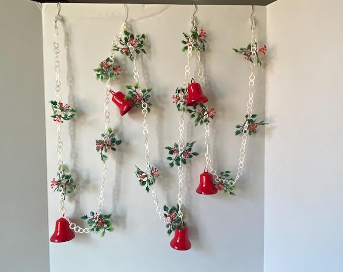 Vintage 9 Feet of  white plastic garland with holly and 5 red plastic bells