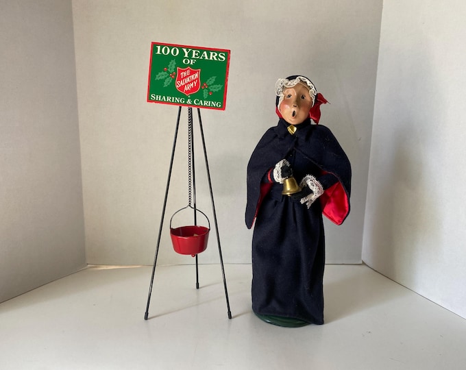 1992 Byer's Choice Salvation Army Bell Ringer Caroler with Money Kettle Stand