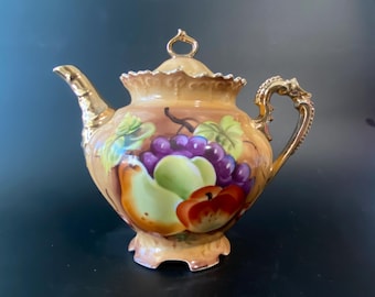 Vintage 1953-1964 Lefton Hand Porcelain Ceramic Painted Brown Heritage Fruit Teapot with Lid and Gold Luster on trim, handle & spout #NE3113