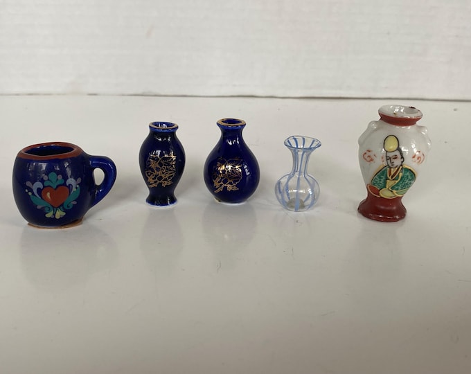 Set of 5 Ceramic and Blown Glass Miniature Vases and decorative mug for Doll house