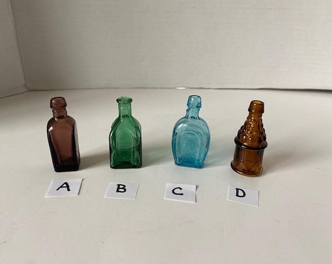 RARE 2" SIZE MINIATURE Wheaton Miniature Drum & Cannonball Amber Bottle, Aqua Horseshoe, Green Celebrate Tonic Bottle or Purple Tree of Life