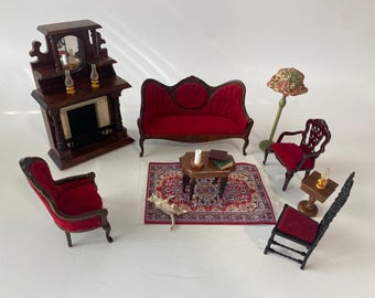 Vintage 1:12 Scale 16 Piece Red Velvet Formal Living Room with Fireplace, sofa, three chairs and accessories