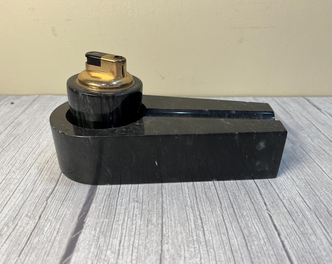 Vintage black marble elongated ashtray with matching lighter set