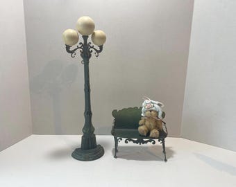 3 Piece Set Miniature Street Lamp and Metal Bench with Adorable Boyds Bear