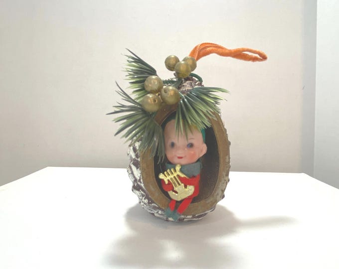1960s Plastic Pinecone with Felt and Celluloid Mini Elf Ornament