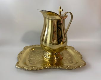 2 Piece set Polished Brass Communion Wine/Water Pitcher with Cross at top of Pitcher and Tray Set