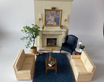 1:12 Scale 19 Piece Formal Living Room Dollhouse Set includes  Lighted Fireplace wall, 2 loveseats, wing back chair and accessories