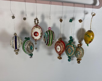 Set of 8 Vintage Satin, velvet ribbons with sequins, beads and gold ribbon Push Pin bead Kit Egg Shaped Ornaments