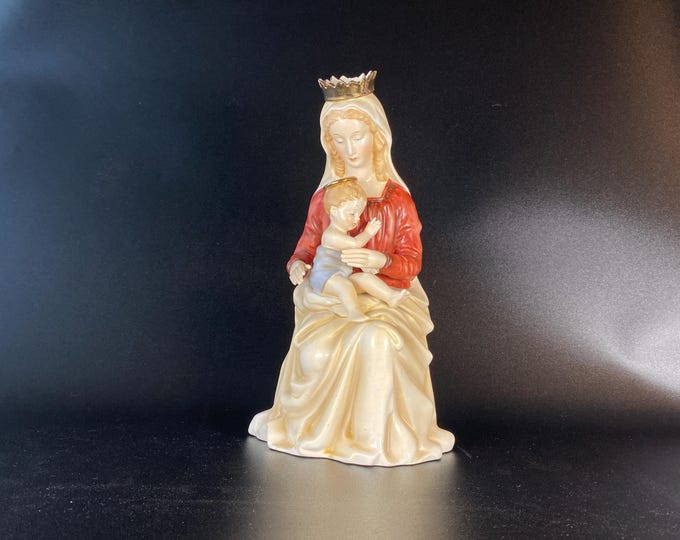 Vintage 11" Porcelain Ceramic Madonna and infant Jesus with Gold Tone Crown and Halo