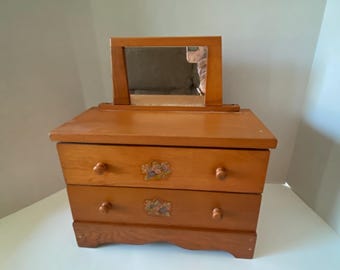 Vintage Wooden 13 1/2" Tall Doll Dresser with Mirror and Floral Decals