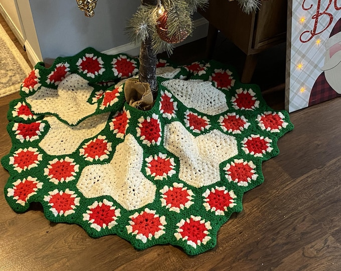 1970s Crocheted 48" Diameter Granny Square Yarn Tree Skirt in Green, Red and White