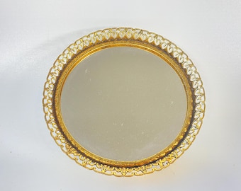 5 1/2" Diameter Hollywood Regency Round Footed Mirrored Gold Filigree Vanity Tray
