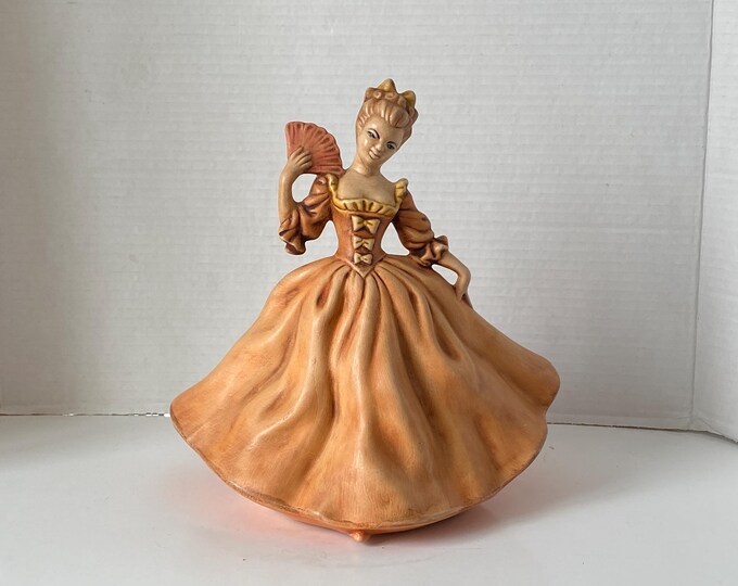 Lady Jane with Fan Vintage MCM Large Fancy Lady Ceramic Figurine in peachy burnt orange color terracotta gown