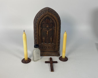 Gothic Sick Call - Last Rites Hand Carved wooden Catholic Religious Travel Kit with candles, candles holders Holy Water Bottle and Crucifix