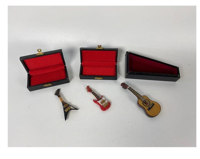 Realistic Looking Miniature Dollhouse Decorative Wooden Acoustic Guitar or Electric Guitar with Black Faux Leather Case