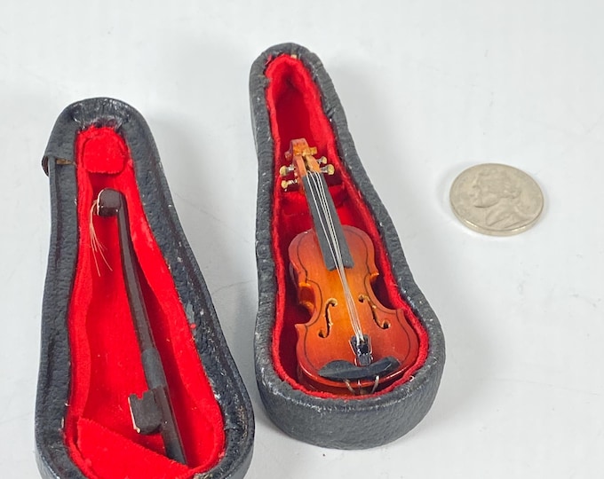 Realistic Looking Miniature 2 5/8" tall Dollhouse Decorative Wooden Violin with Black Faux Leather cases lined with red Velvet