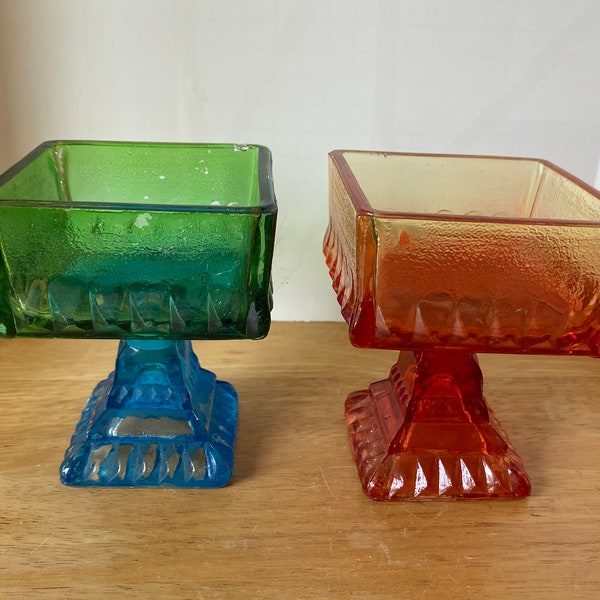 Set of 2 Vintage Square stemmed Glass Wedding Box pressed glass in Amberina (Yellow & Orange) and a Blue Green Candy Dish, Compote or vase