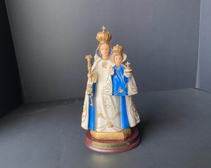 Our Lady of Consolation 8 3/4" tall Resin figurine on base with Brass tag
