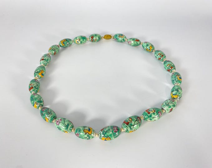 Vintage 1950s Chinese Porcelain Hand Painted Beaded Necklace with Gold Tone Box Clasp