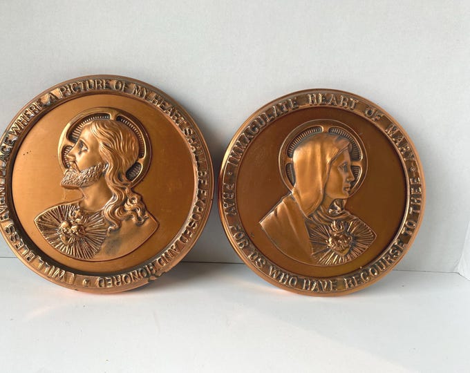 Set of 2 Vintage Embossed Copper Plaques of the Sacred Heart of Jesus and the Immaculate Heart of Mary Religious wall Art