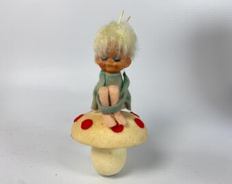 1960s Vintage Sleepy Eyes Pixie Elf Knee Hugger Sitting on Flocked Mushroom