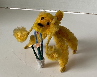 Vintage Chenille Pipe Cleaner Blonde Poodle carrying basket of flowers