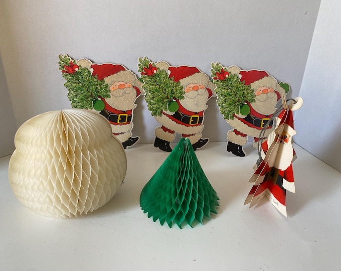 Set of 6 Vintage Christmas Paper Decorations - 3 Felted Santa Die Cuts; 2 Honeycomb Tissue Paper Decor and Hallmark Christmas Card Santa