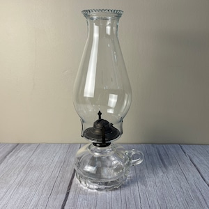 Vintage clear glass finger Lamplight Farms oil lamps with beaded chimney and wick