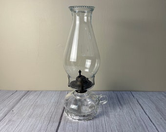 Vintage clear glass finger Lamplight Farms oil lamps with beaded chimney and wick