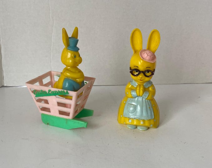 Choice of 1950s Rosbro Easter Bunny cart Candy Container Toy or 1950s Knickerbocker hard plastic "Mother Rabbit" or "Sister Rabbit" rattle