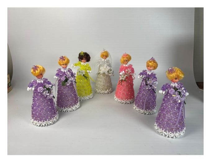 Set of 7 Vintage Beaded Pin 6 1/4" tall Dolls Bride and Bridesmaid Figurines