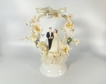 Vintage Chalkware Bride and Groom Wedding Cake Topper with Music Box