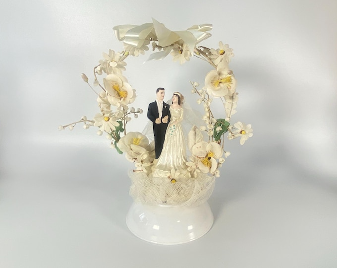 Vintage Chalkware Bride and Groom Wedding Cake Topper with Music Box