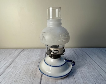 Lamp Light Farms stoneware/ceramic/porcelain lamp with white base blue lined base finger lamp with frosted etched bubble chimney and wick