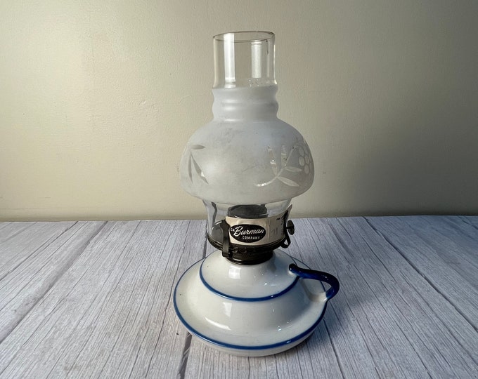 Lamp Light Farms stoneware/ceramic/porcelain lamp with white base blue lined base finger lamp with frosted etched bubble chimney and wick